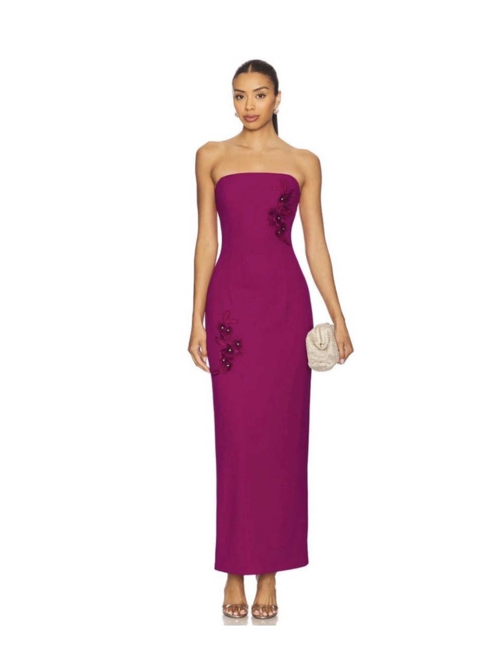 Elliatt Strapless Fuchsia Column Gown with Floral Appliqués